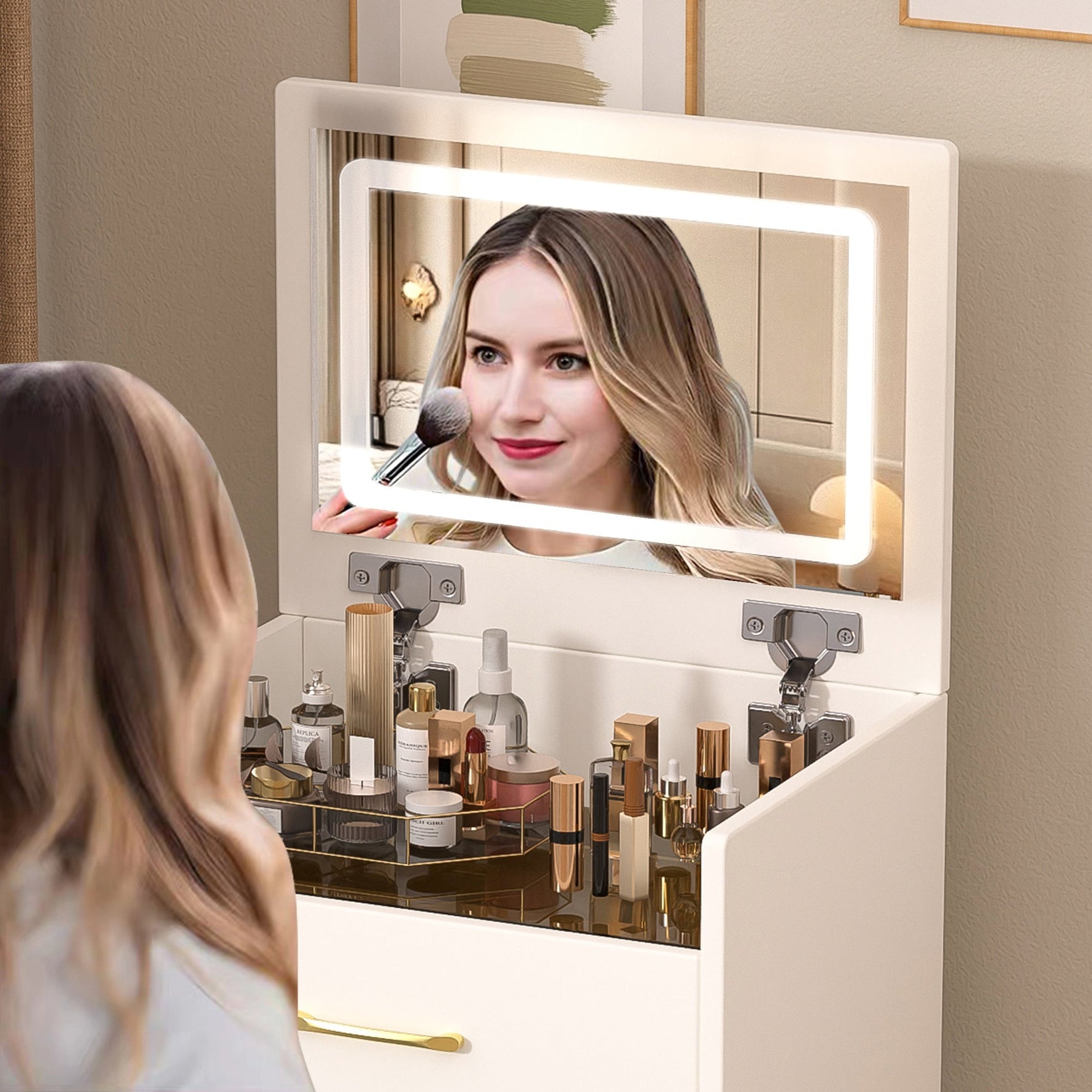 3-in-1 Dressing Table Set, Open Mirror 3 Drawers Compact W60cm, Clear Glass Top