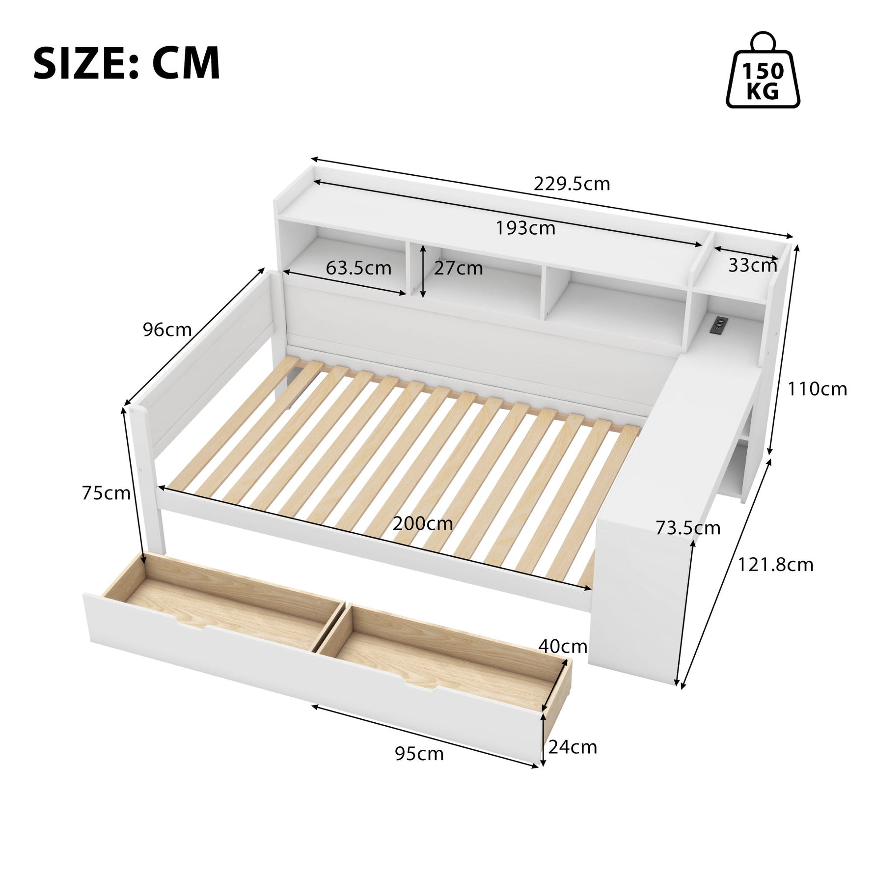 Daybed with Desk and USB Charging Port, 90 x 200 cm with 2 Drawers and Storage Shelves, White Chipboard