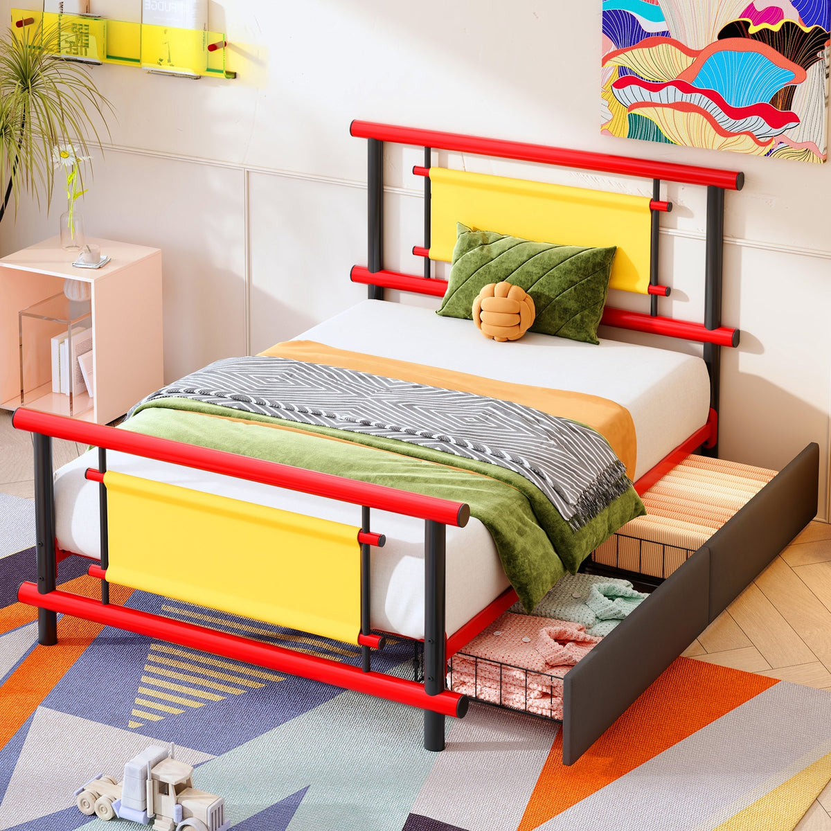 Metal Platform Bed with Drawers and Sturdy Steel Construction, 90x200cm, Red Metal