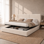 Upholstered Double Bed 180x200cm, Hydraulic Storage, Beige Chenille