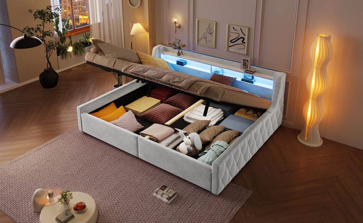 Velvet Platform Bed 140x200 with Hydraulic Storage & LED, Beige