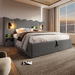 Upholstered Double Bed 160x200, Reading Lamp & USB-C, Storage, Solid Wood & Metal, Grey Linen
