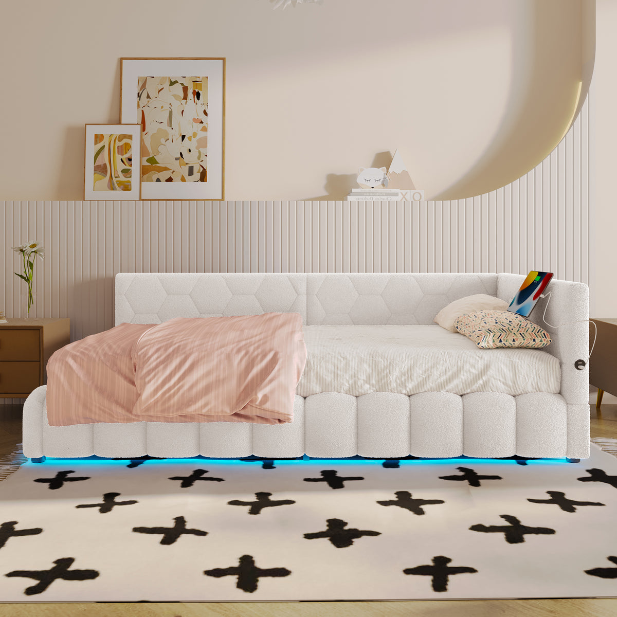 Daybed 90x200cm LED Hydraulic Storage USB White Imitation Fleece