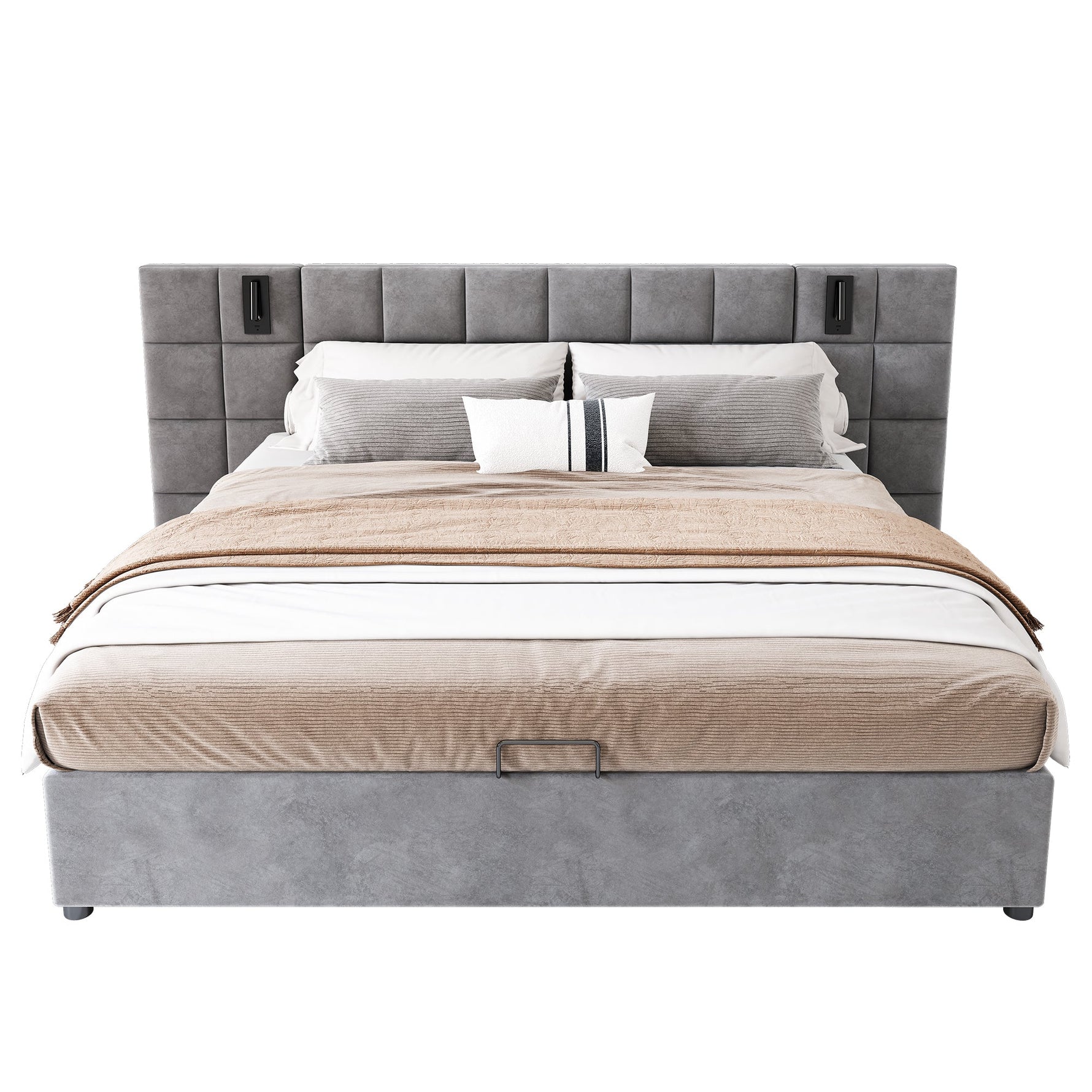Upholstered Bed 160x200cm Hydraulic Storage Lamp USB - Velvet Grey