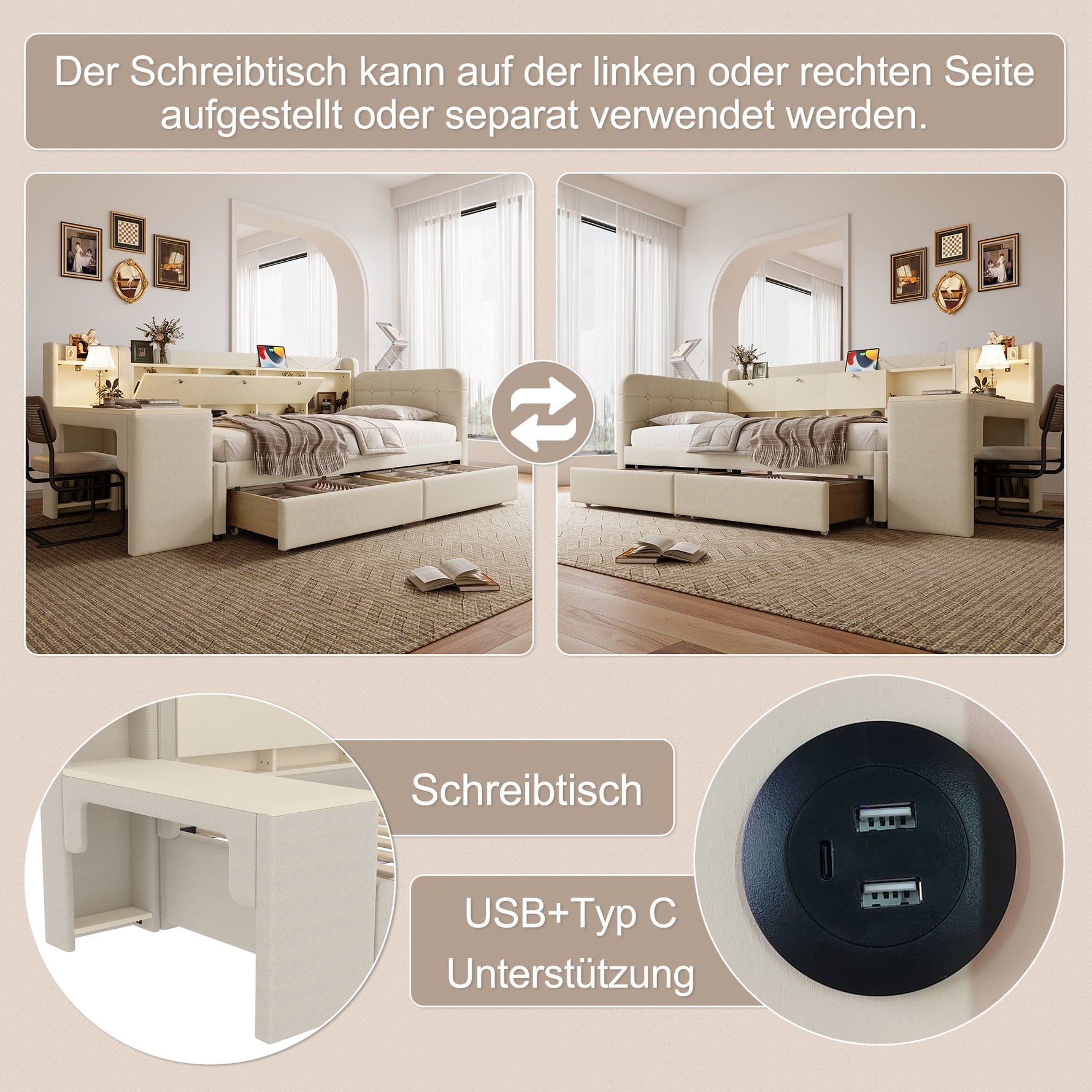 Daybed with Desk and Drawers, USB Ports and Storage, Beige Linen