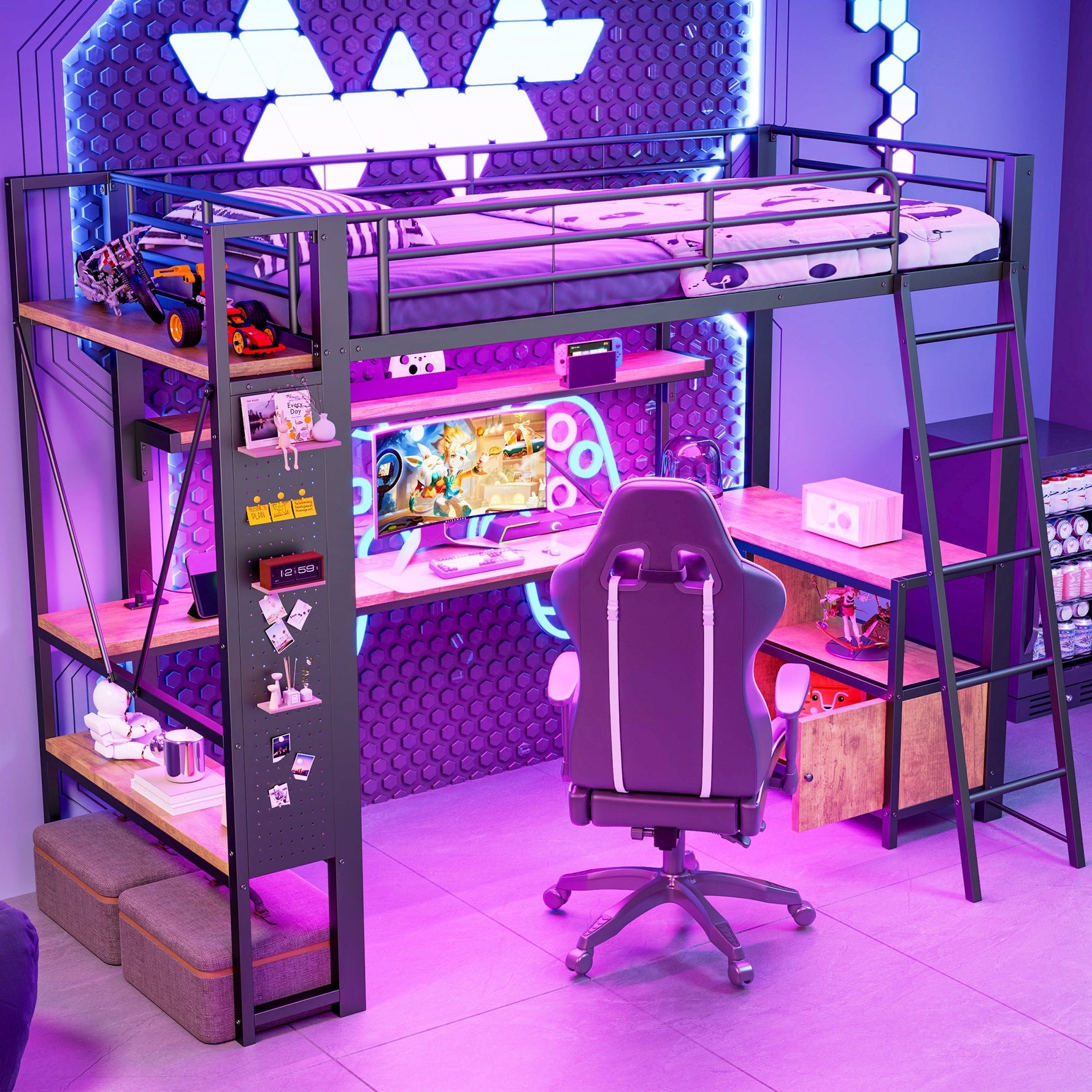 Loft Bed 90x200cm Iron Frame with Desk LED Light Storage Pegboard USB Black