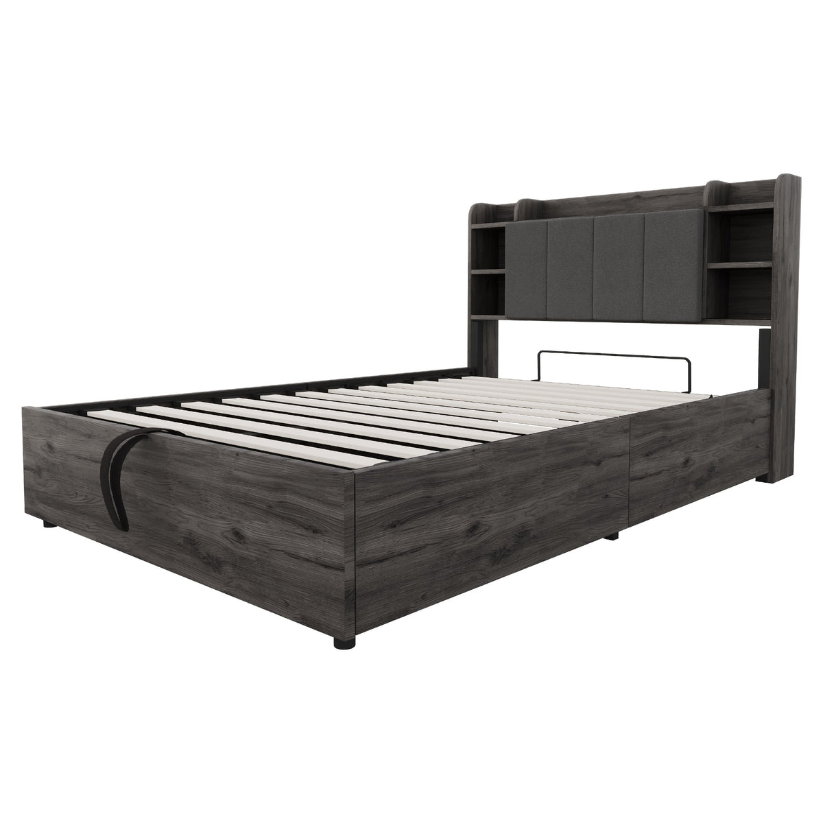 Wooden Bed, 140x200cm Hydraulic with Storage Headboard, USB & Type-C Socket, Grey