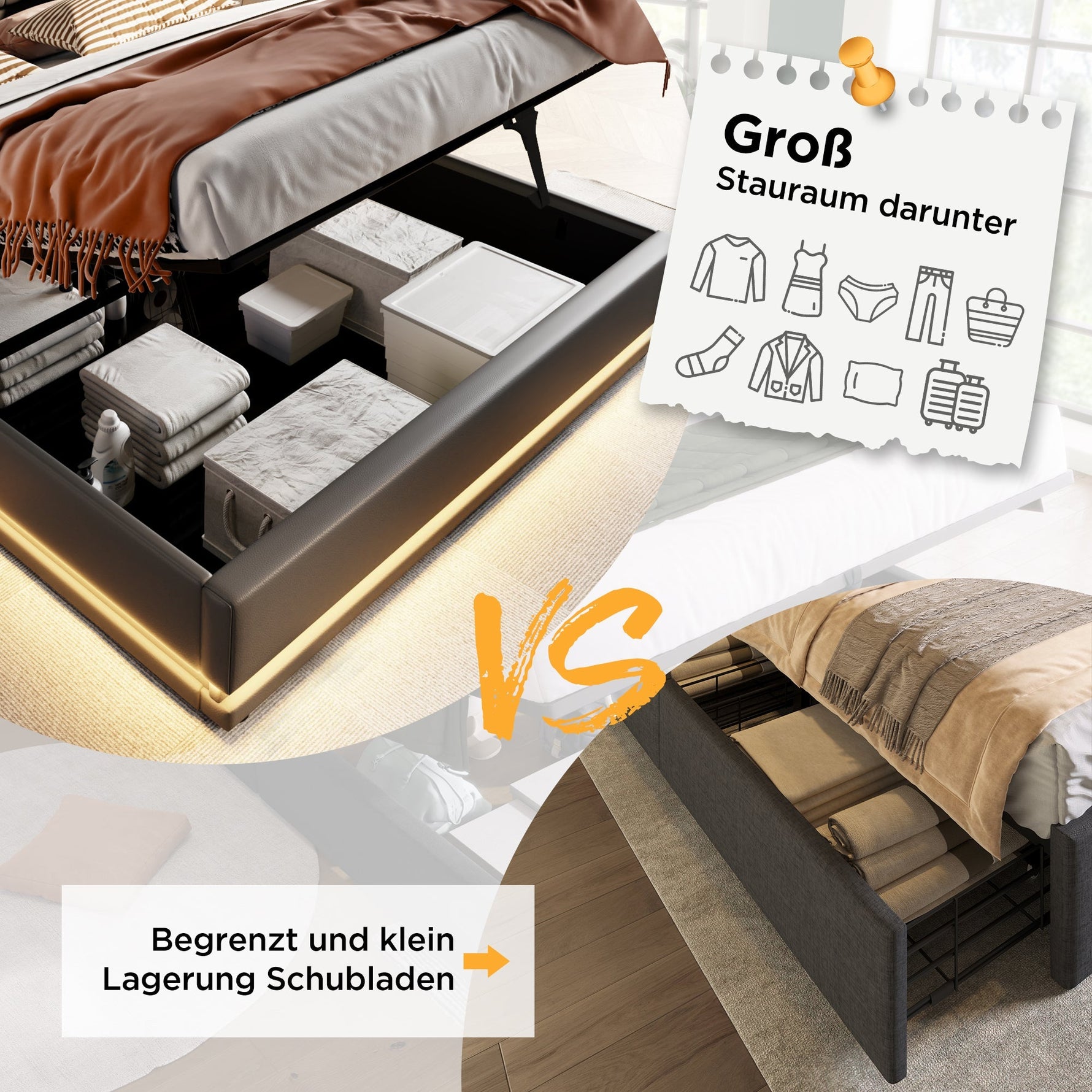 Upholstered Bed Double 140x200 cm, Hydraulic Storage, USB-C Charging, 3-Sided LED, Gray Cotton