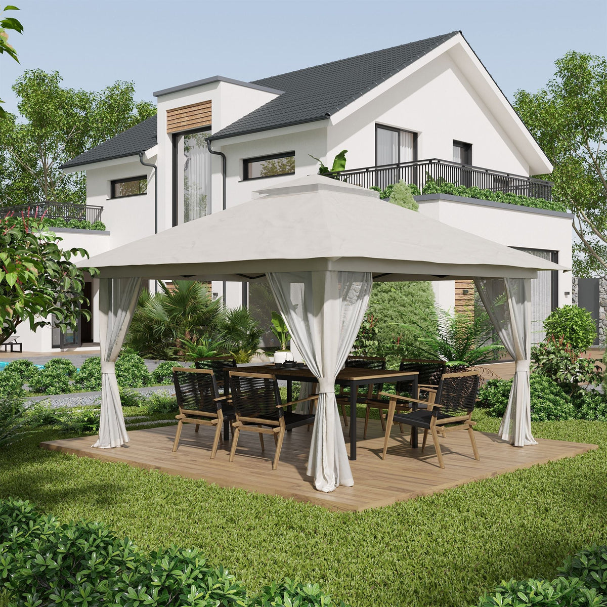 Folding Pavilion 4x4m Mesh Curtains UV Protection Double Roof, Cream White