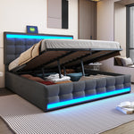 Upholstered Bed 180x200 Hydraulic Storage USB LED Light Strip Children's Bed, Grey Linen