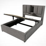 Upholstered Single Bed 90x200cm Hydraulic Storage Cup Holder Charging Station Linen Grey