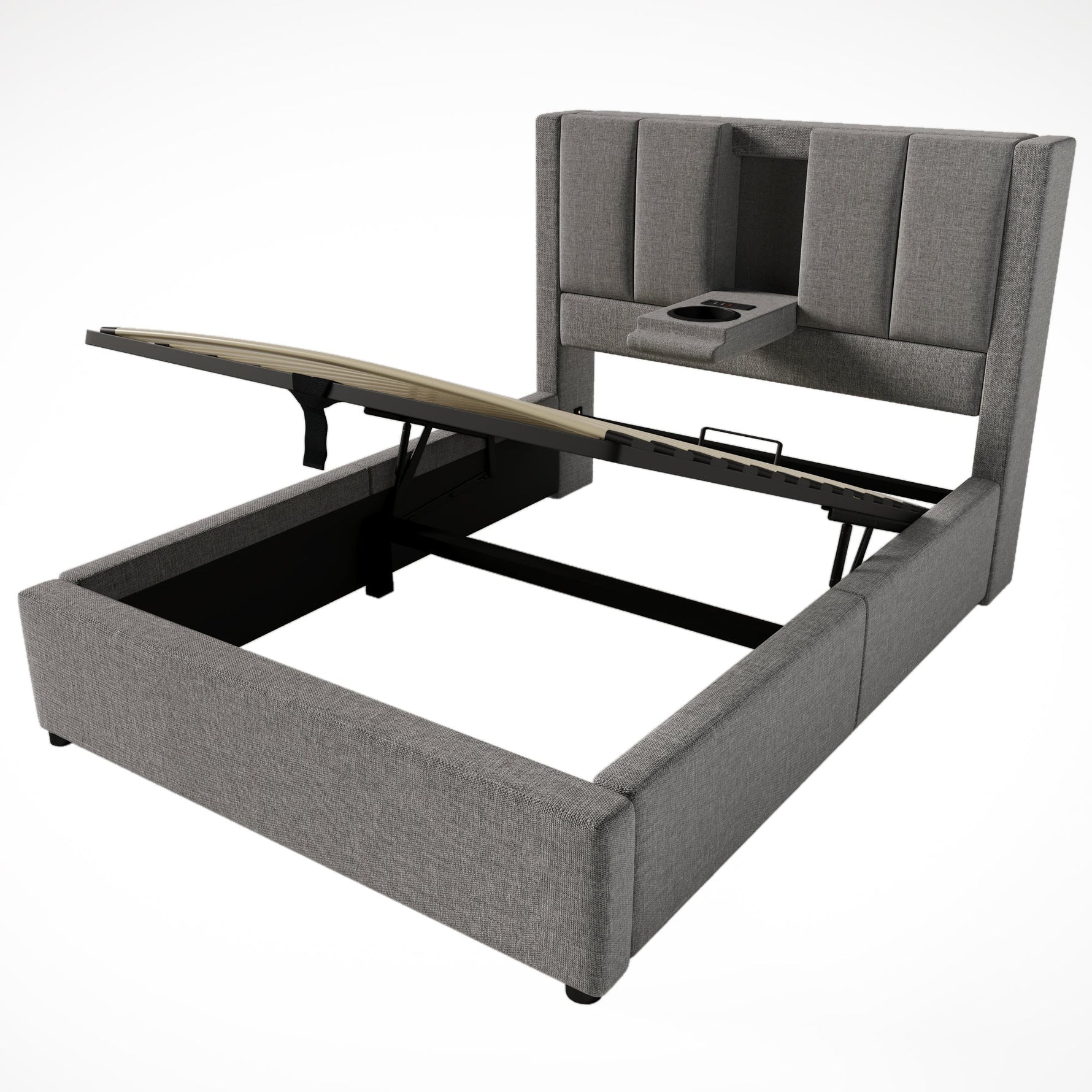 Upholstered Single Bed 90x200cm Hydraulic Storage Cup Holder Charging Station Linen Grey