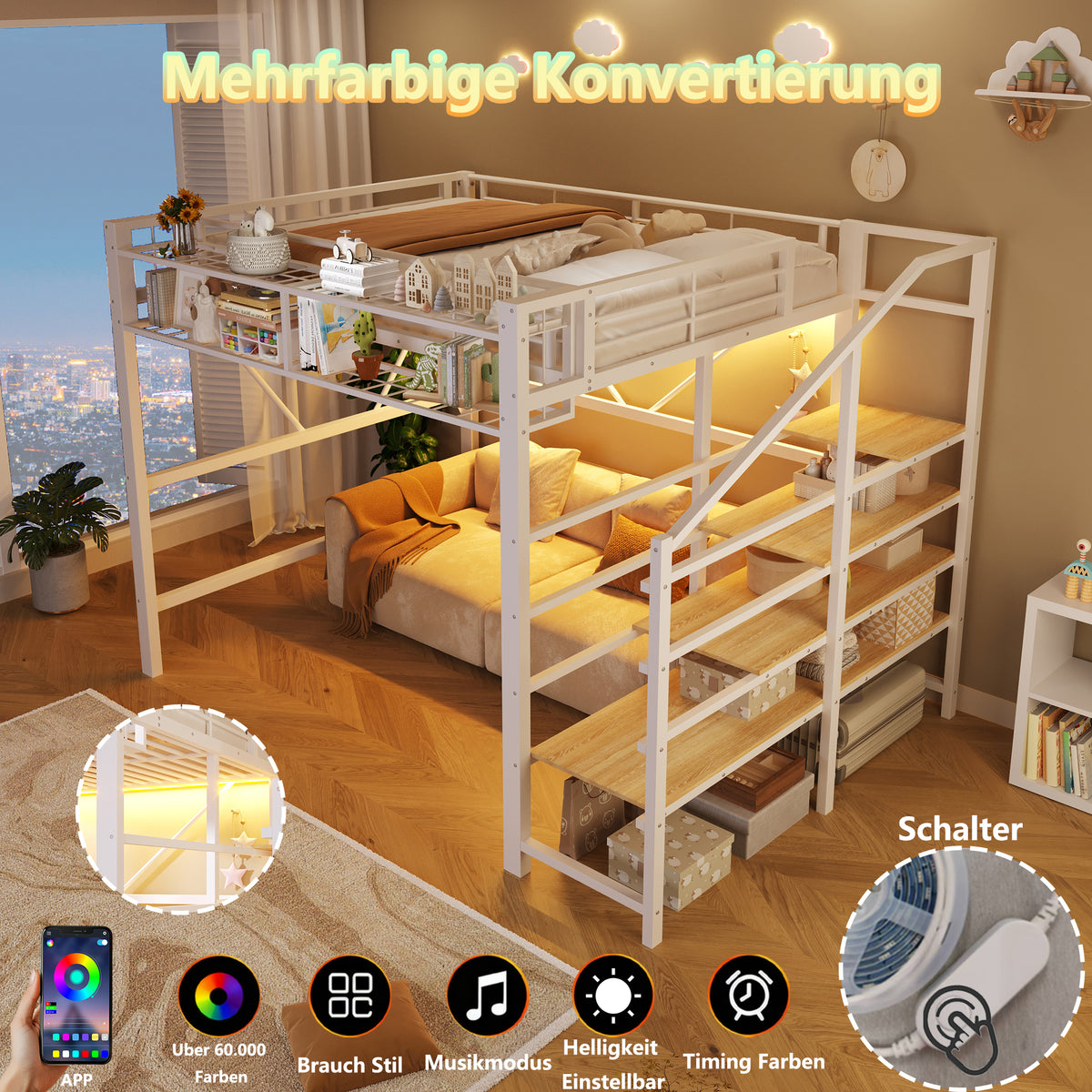 Loft Bed 140x200cm with LED Lights & Storage - White Metal