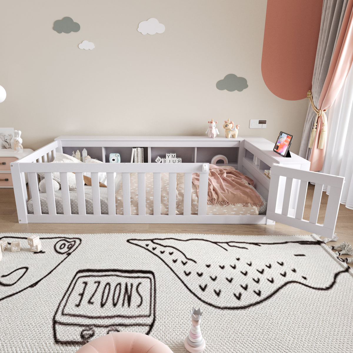 Kids Bed 90x200cm with Storage & Safety Rail, Solid Wood White