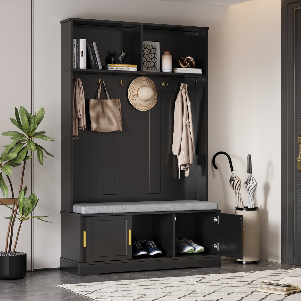 Coat rack with shoe bench wardrobe, 6 triple hooks, freestanding, space-saving, black