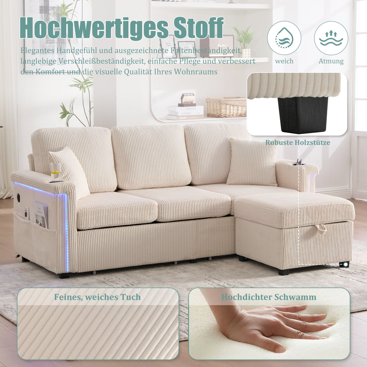 Velvet Sofa, LED USB-C Storage Footrest Cup Holders, Beige