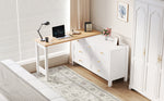 Desk, 7-Drawer 2-in-1 Rotating Workbench Sideboard, White/Natural Oak Look