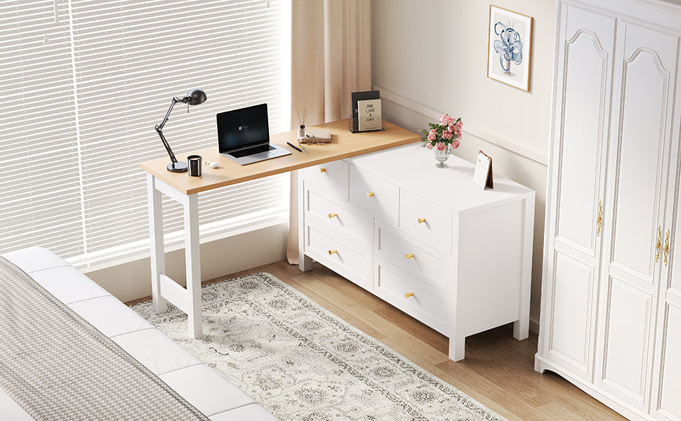 Desk, 7-Drawer 2-in-1 Rotating Workbench Sideboard, White/Natural Oak Look