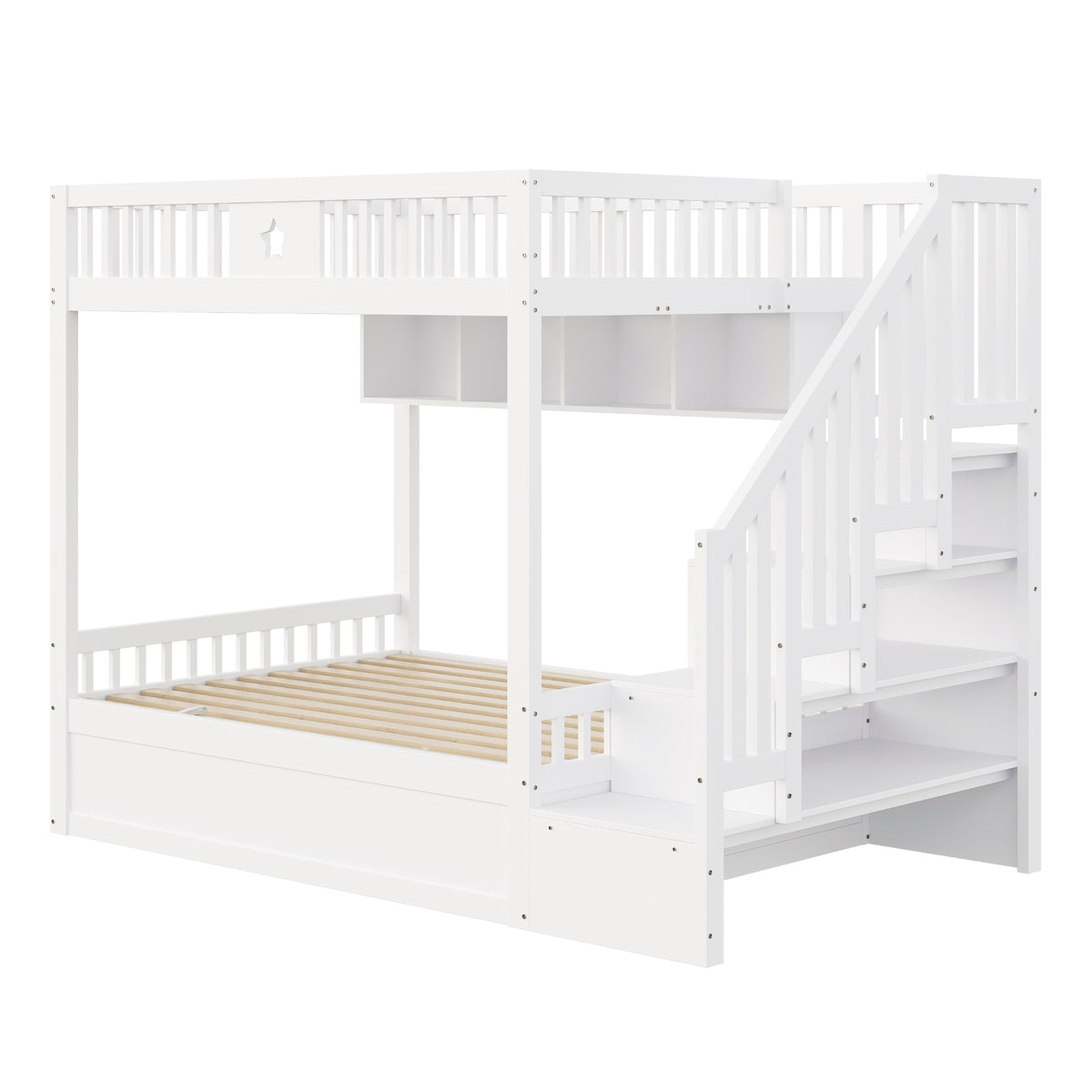Wooden Bunk Bed 140x200cm with Hydraulic Storage & Stairs, White