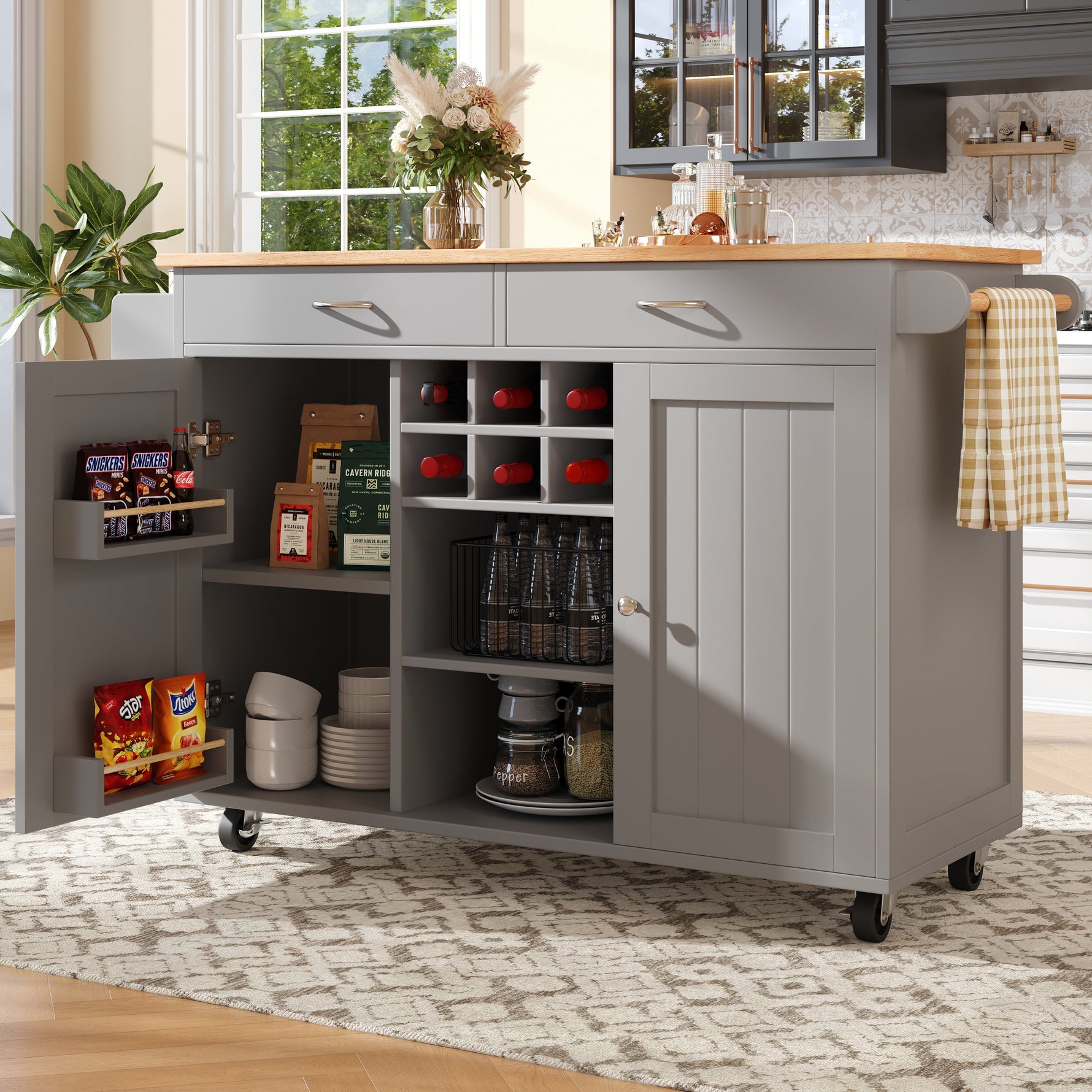 Kitchen Island Multifunctional Dining Table Storage Wood Grain - Grey