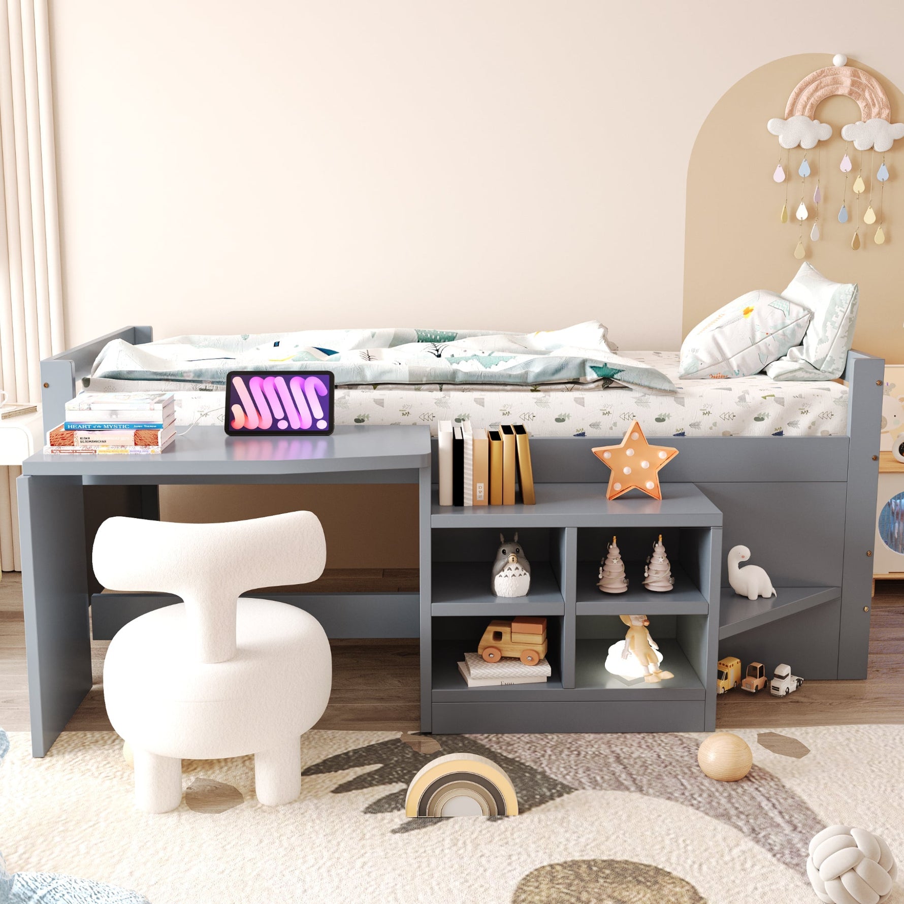 Children's Bed with Storage, Desk and European Sockets, 90x200cm, Grey Wood