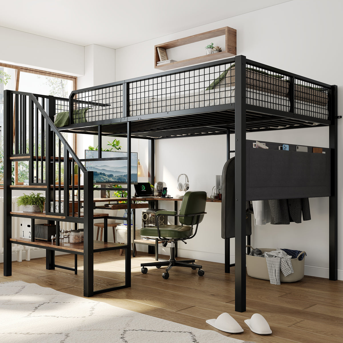 Loft Bed 140x200 cm with Corner Desk & Stairs, Black Metal
