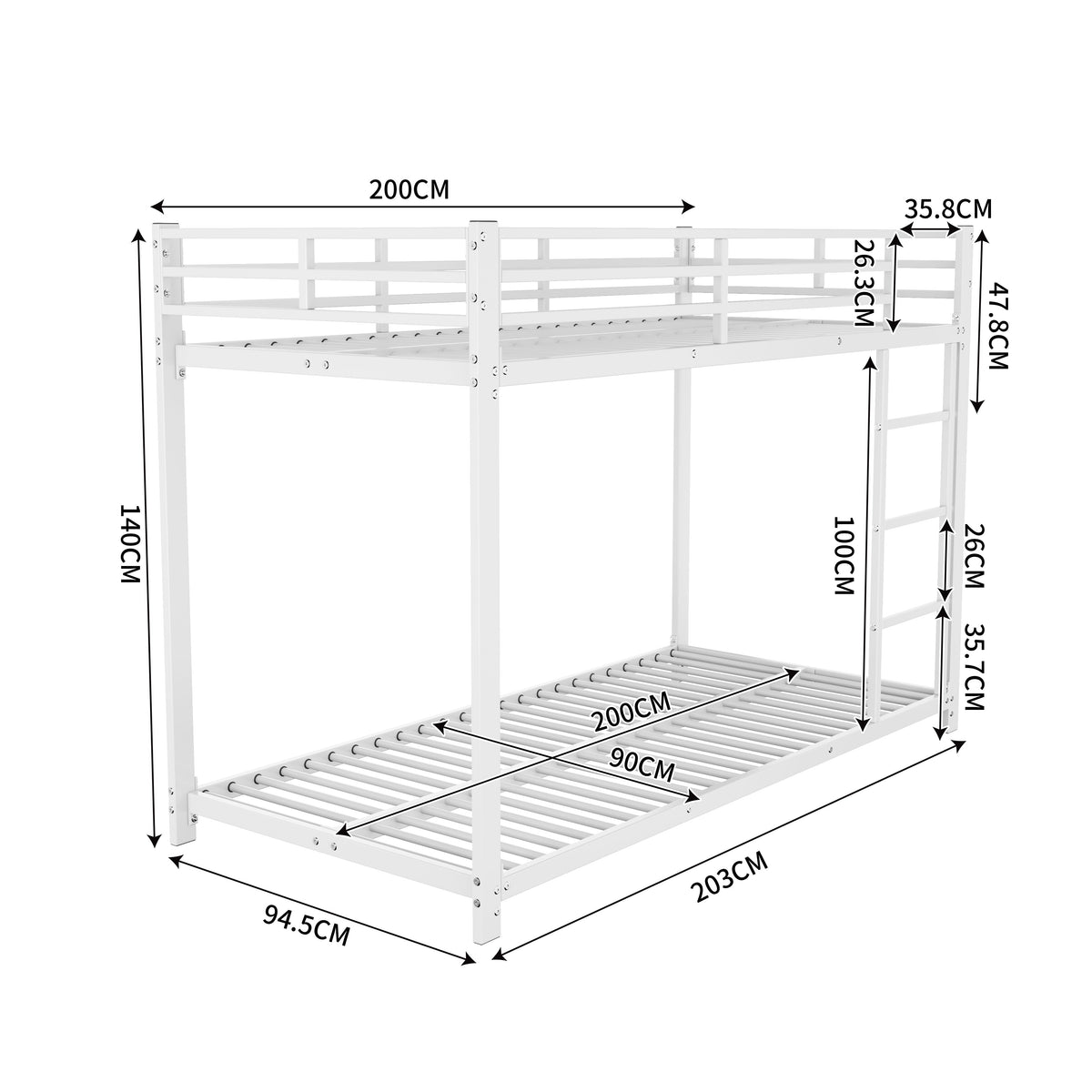Bunk Bed 90x200cm Classic Iron Frame - White