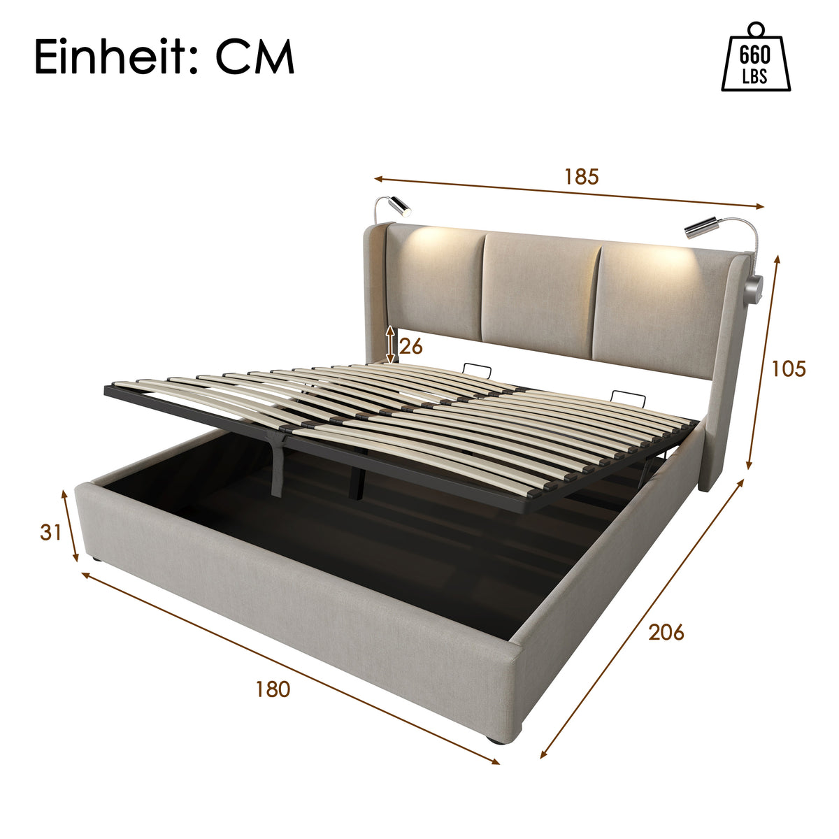 Upholstered Double Bed 180x200 with Storage & LED, Beige Linen