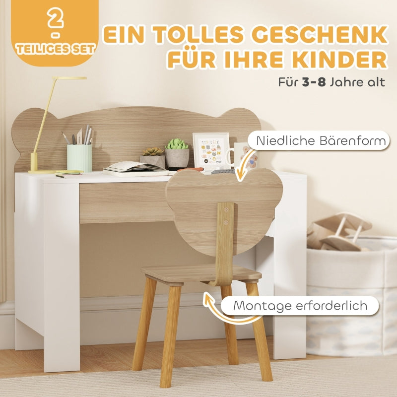 AIYAPLAY children's desk set with table top and drawer, bear shape, natural wood