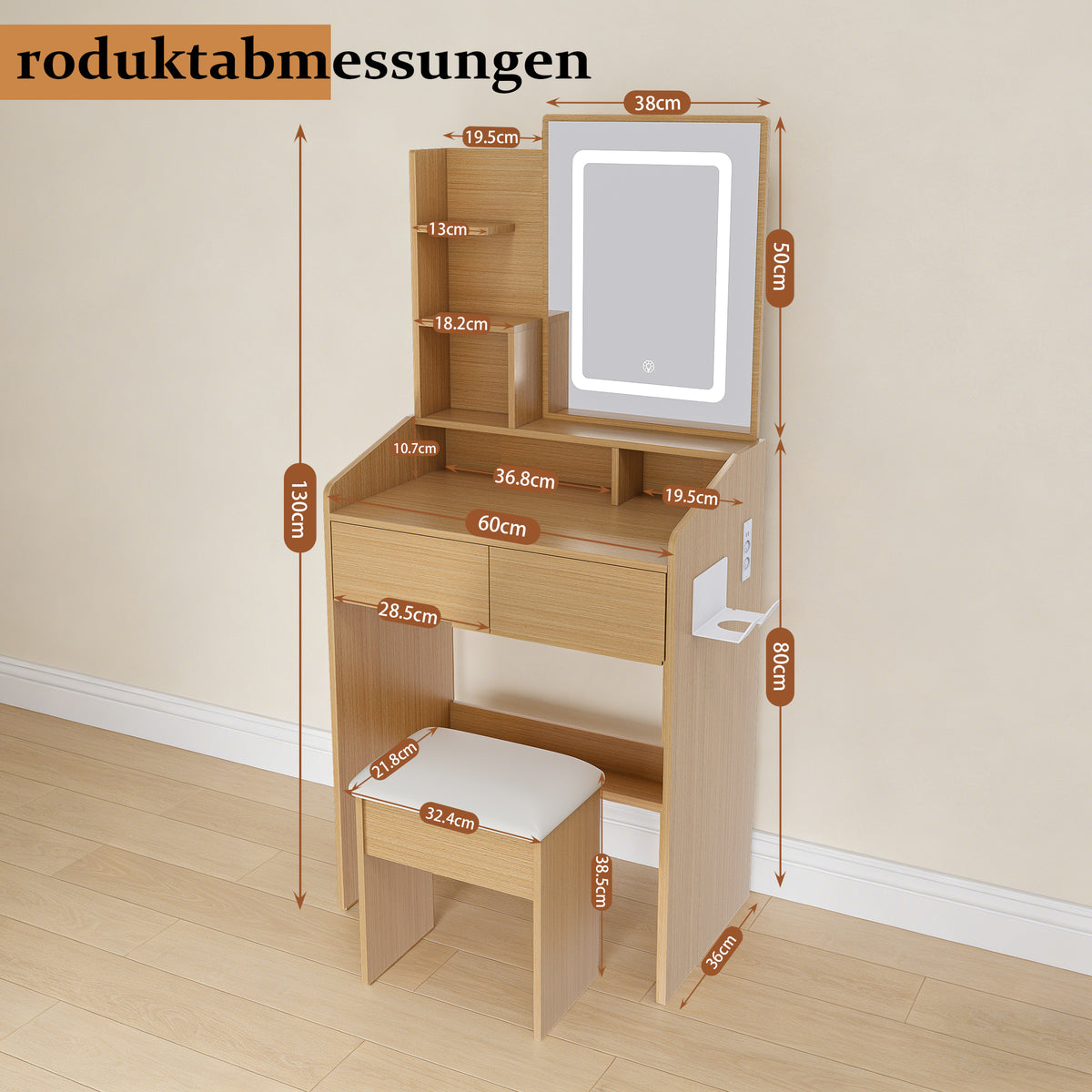 Dressing Table Set with LED Mirror & Power Outlet, Wood