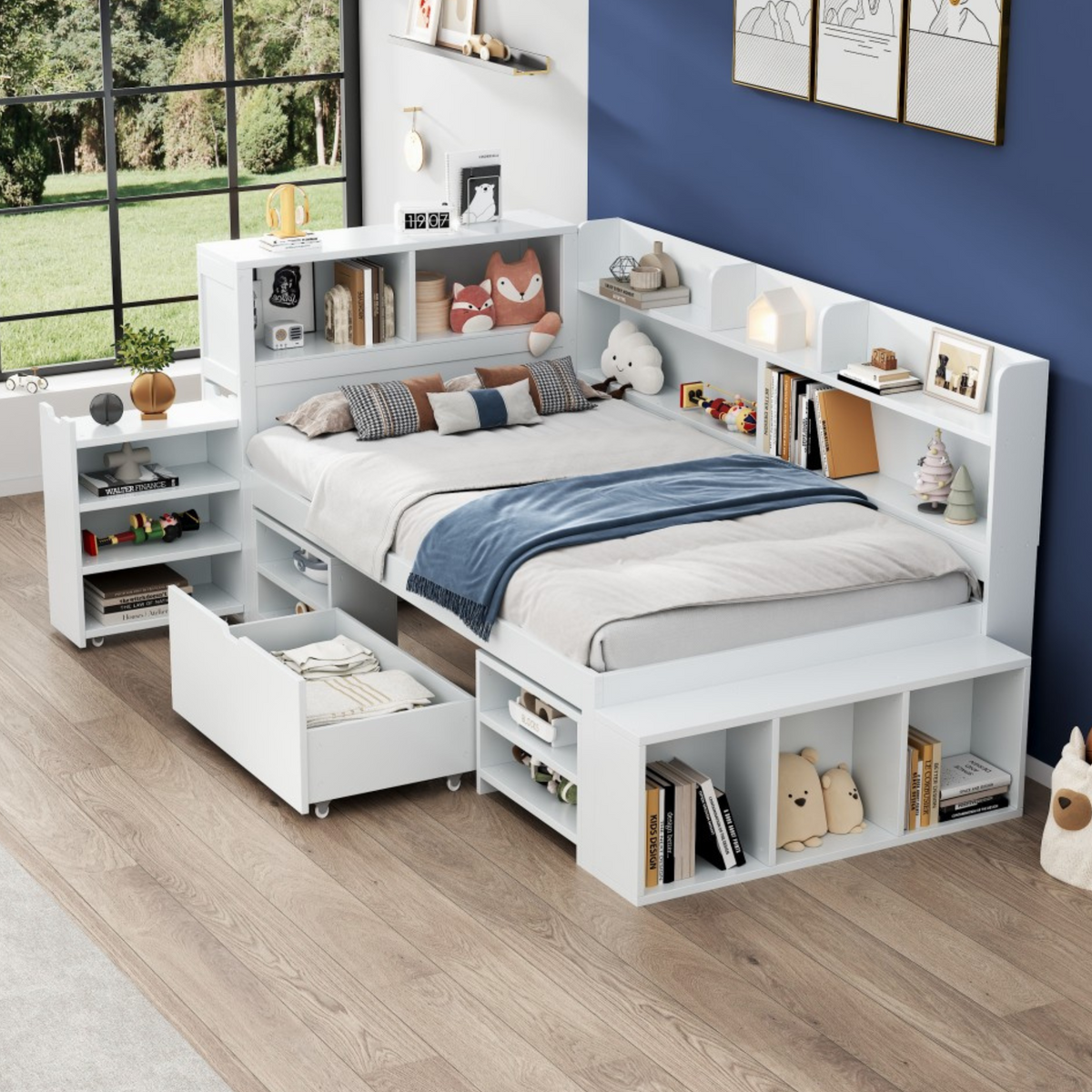 Children's Bed 90x200cm with Drawers & Bookshelf, White