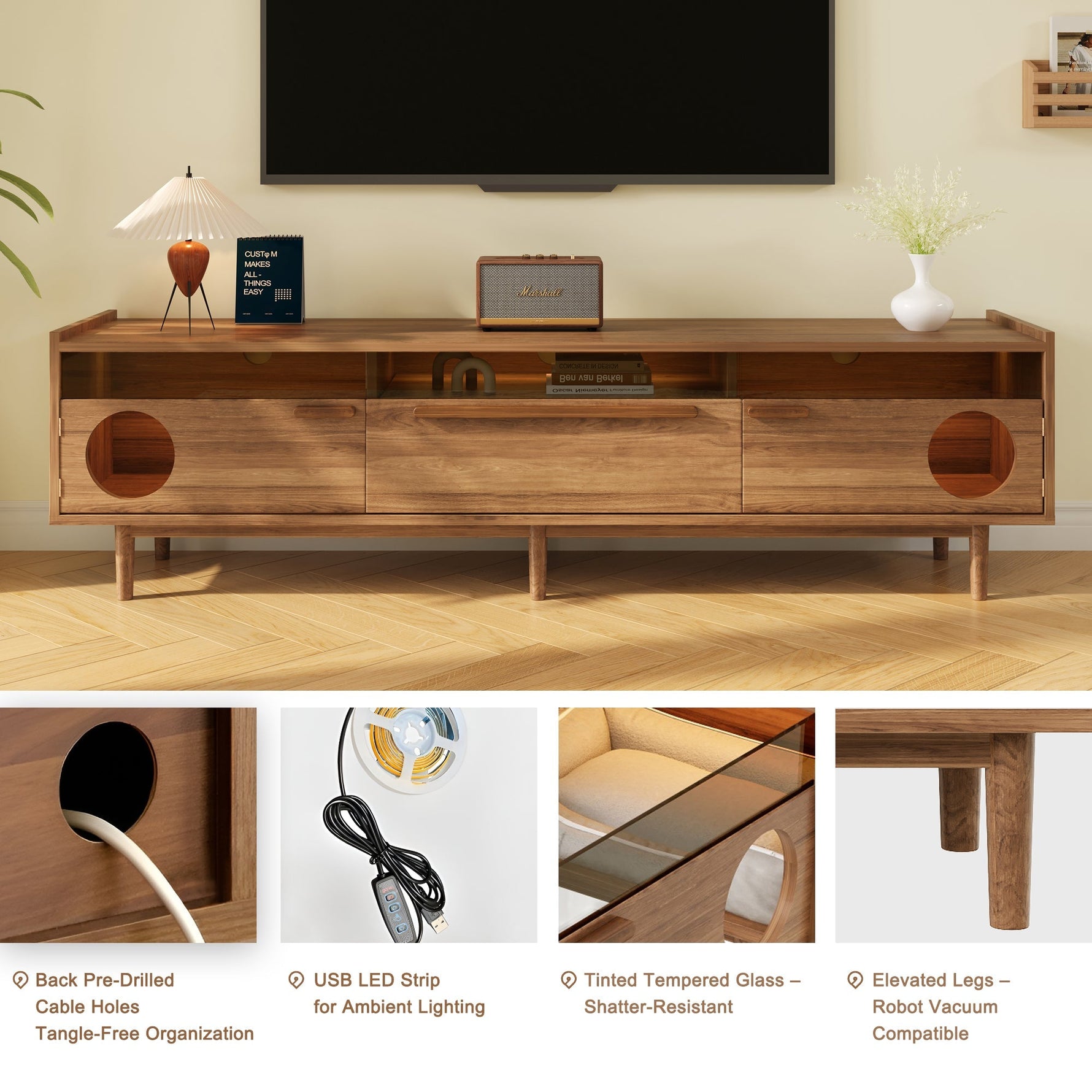 Modern TV Cabinet LED Lighting Cat Rest Area Glass Doors 1 Drawer, Walnut Color