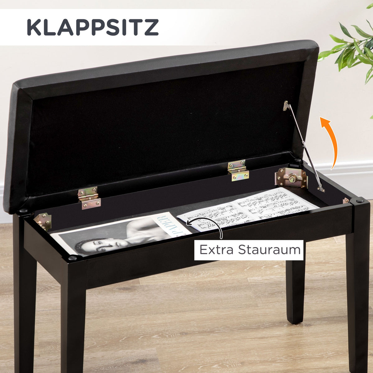 Piano Bench Height-Adjustable Storage 75x35x49cm Black Leather