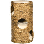 Boho Cat Cave, 3-Tier 3-Entrance with Cushion, Light Brown + Cream White