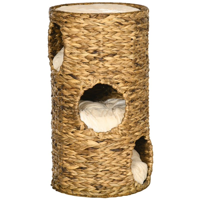 Boho Cat Cave, 3-Tier 3-Entrance with Cushion, Light Brown + Cream White