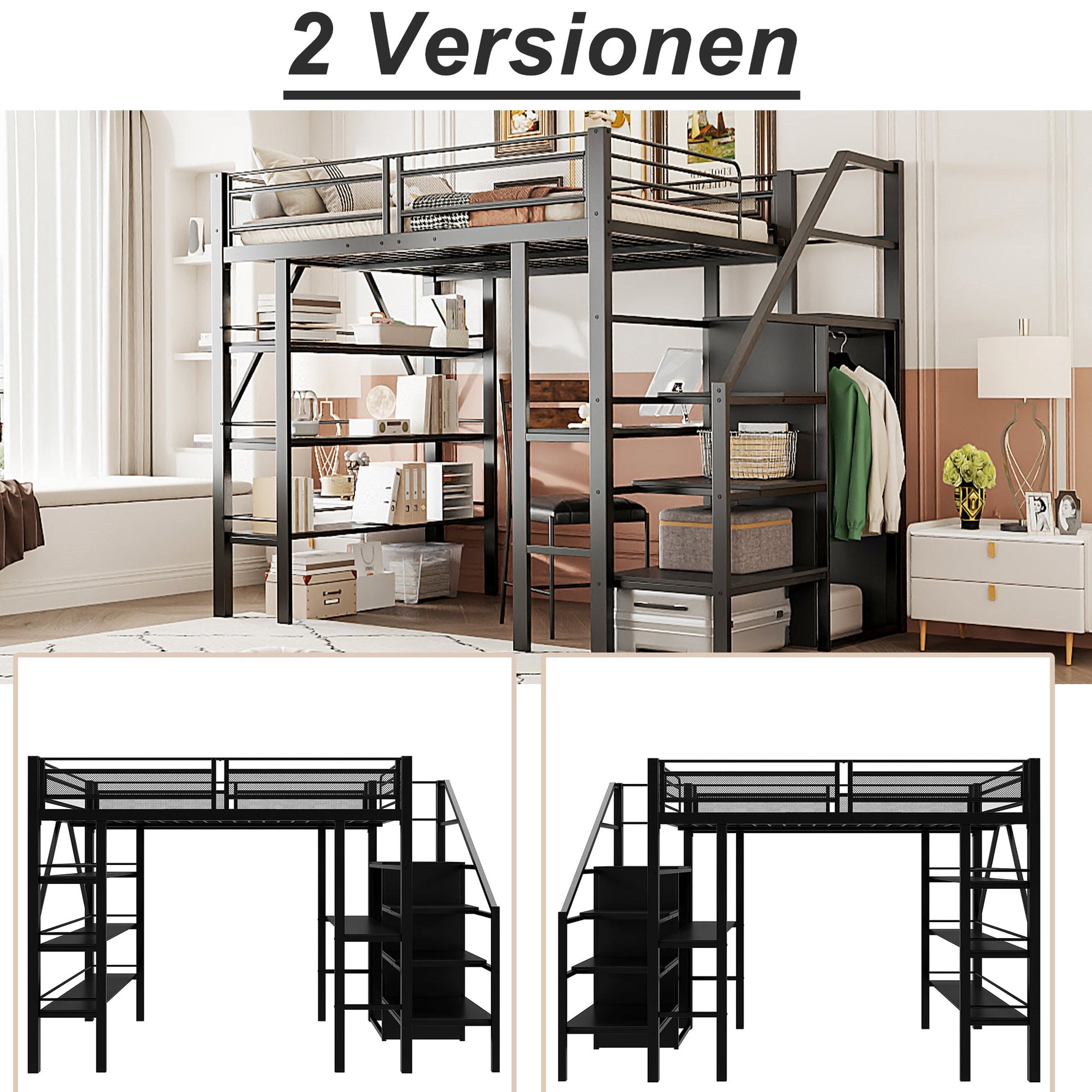 Loft Bed 140x200cm Storage Shelf Desk Wardrobe Iron, Black