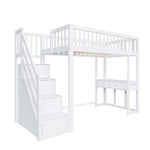Loft Bed with Multifunctional Table and Storage Stairs, 90x200cm, White Pine Wood