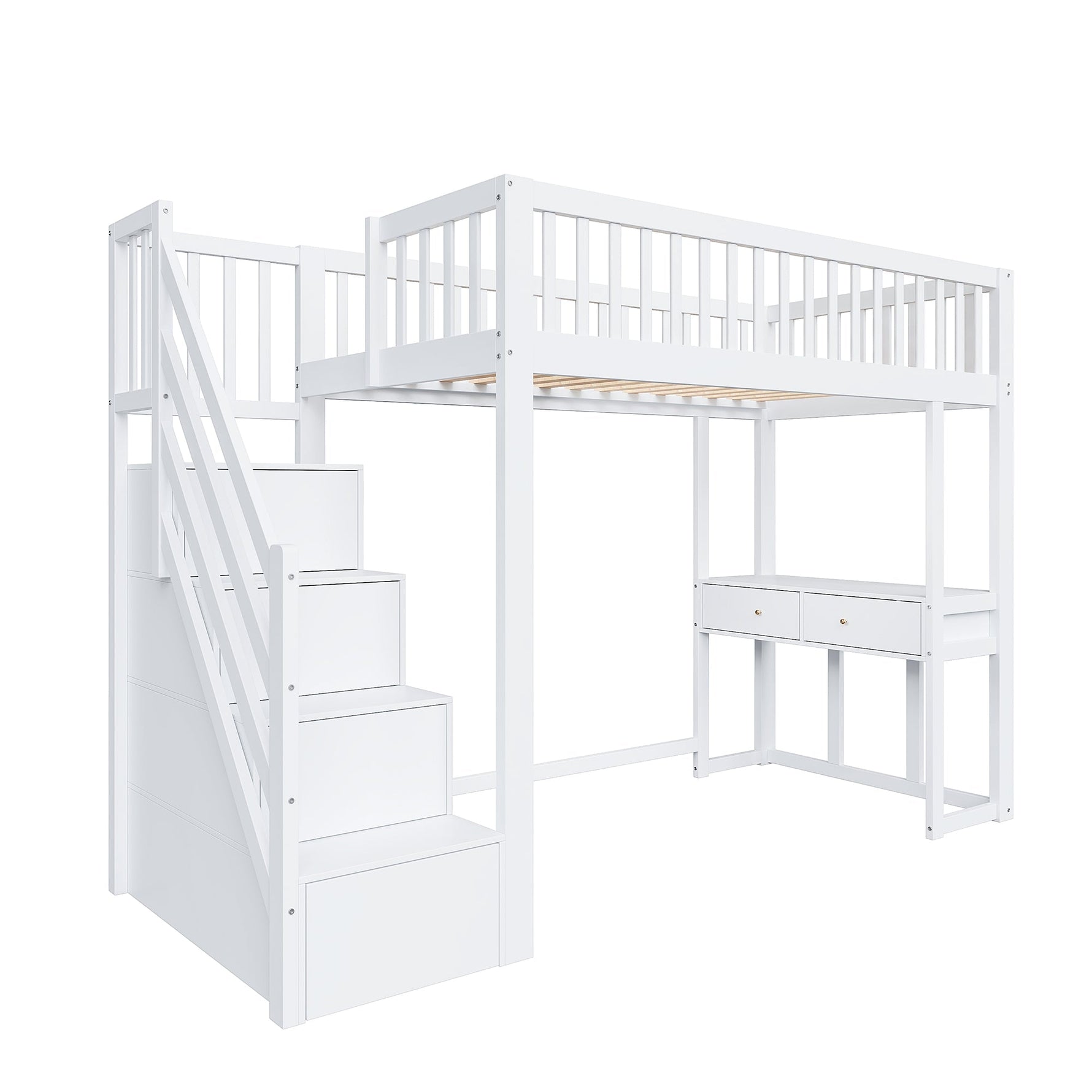 Loft Bed with Multifunctional Table and Storage Stairs, 90x200cm, White Pine Wood