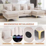 U-shaped Sofa, LED Ambient Lighting, USB-C Port, Solid Wood Frame, Beige