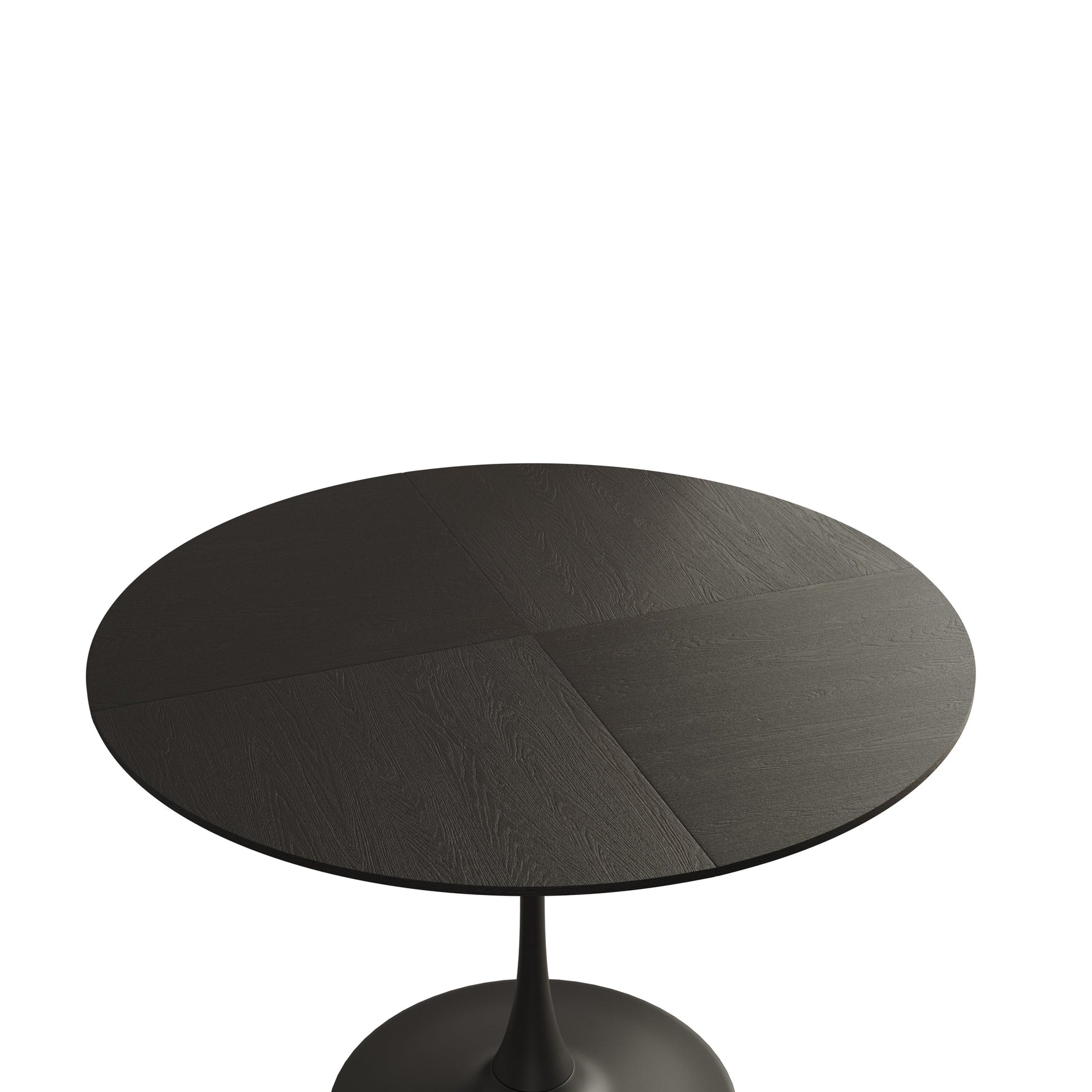 Modern Round Dining Table, Patchwork Black Wood Grain Top, Metal Base