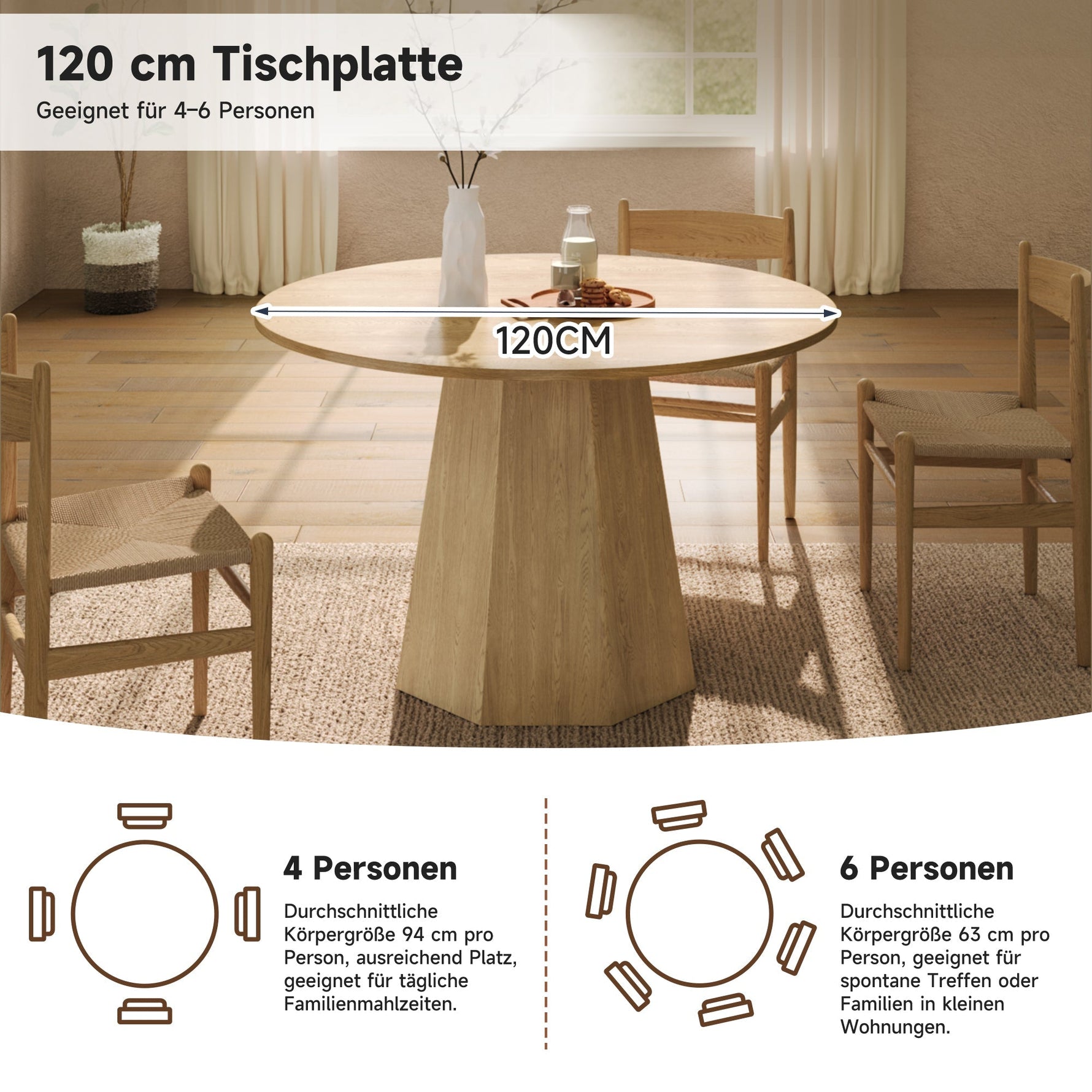 Round Dining Table 120x120cm 4-6 Seater Classic Scandinavian Style Oak