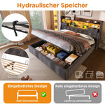 Upholstered Bed 160x200 Hydraulic Storage LED Headboard USB/Type-C, Grey Linen Fabric