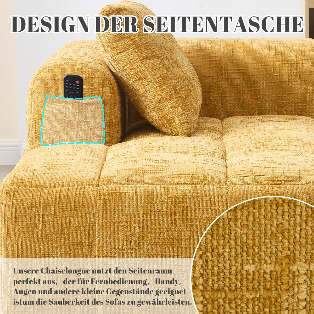 Chaise Longue Sofa, Soft with Side Pockets, No Assembly, Yellow