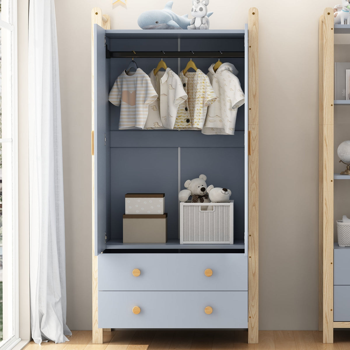 Double-Door Wardrobe Combination Set with Clothes Rail and Drawers, Spruce Wood, Blue/Natural Wood, 180cm