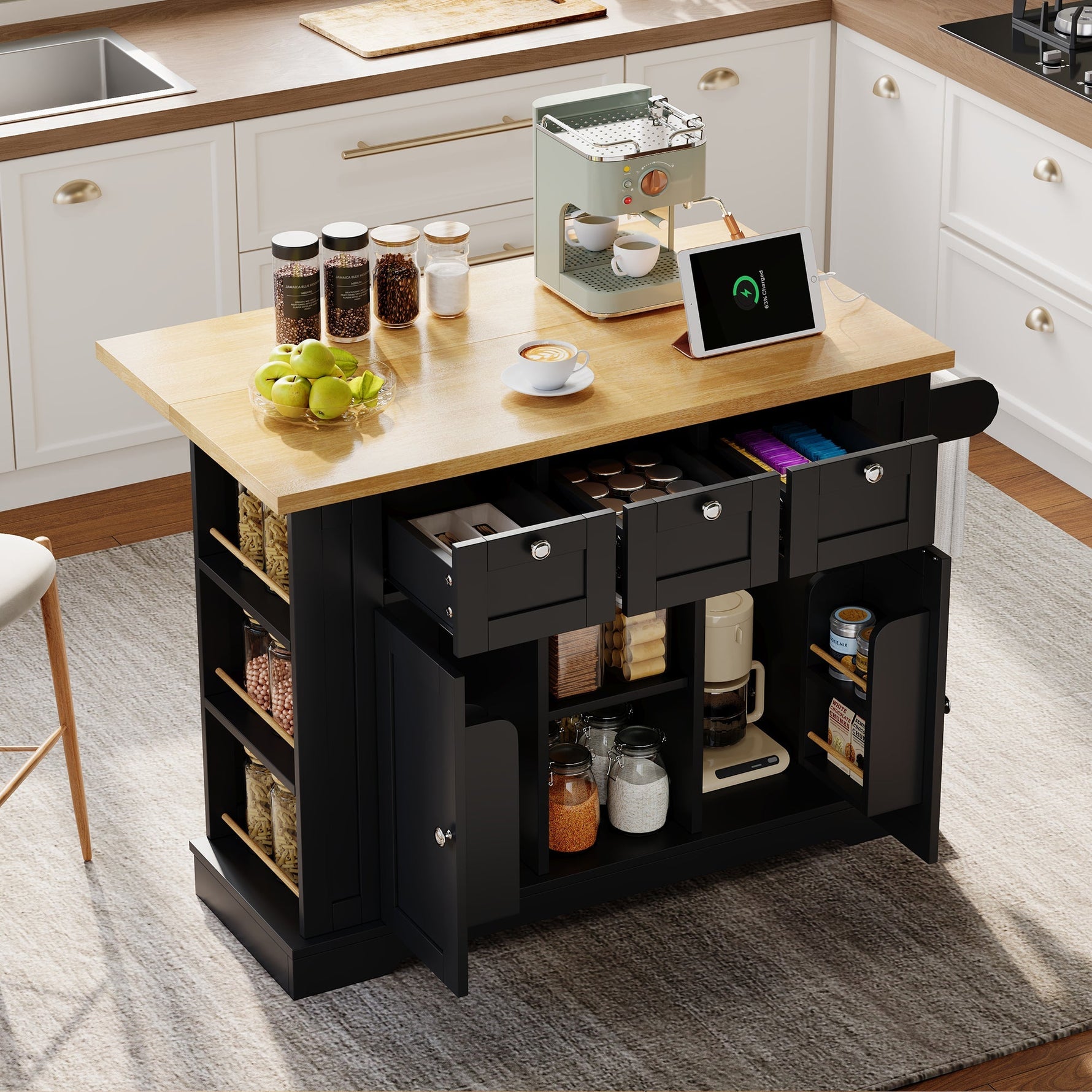 Mobile Kitchen Cart 132cm Folding Worktop Multifunctional Storage Cabinet Integrated Socket Country Style
