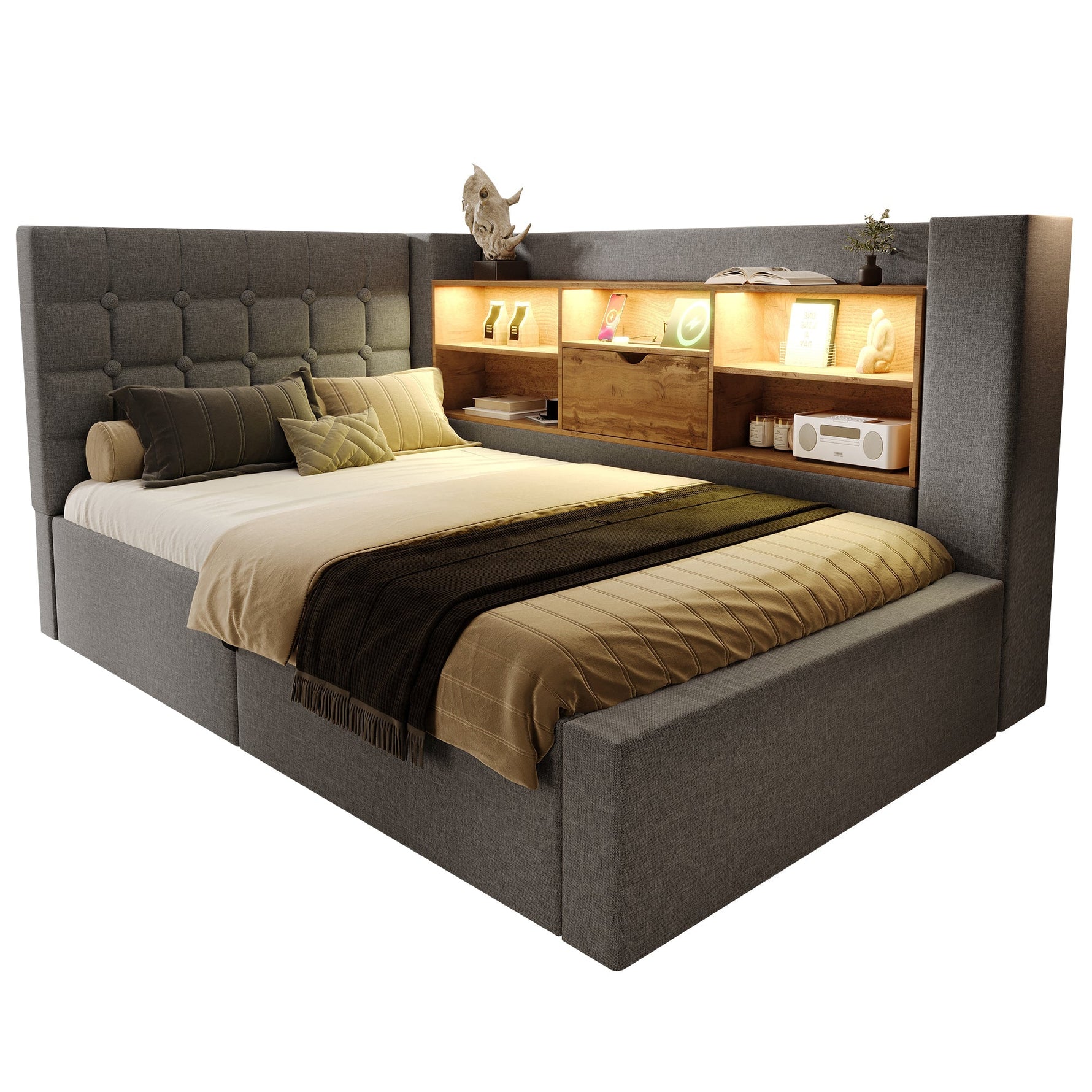 Upholstered Single Bed with LED, Hydraulic Storage and L-Shaped Headboard, 90x190cm, Grey Linen Fabric