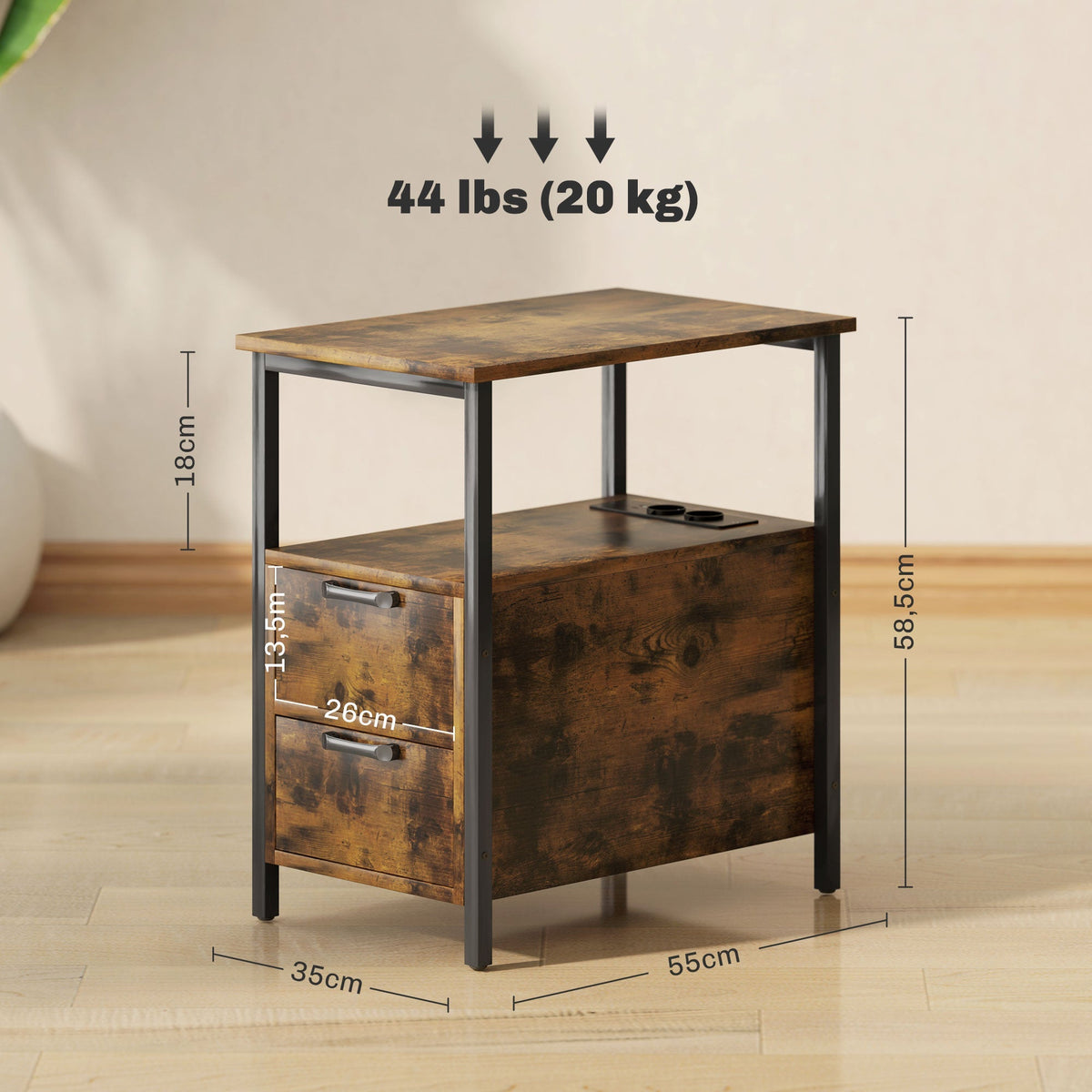 Side Table Coffee Table with Charging Station, 2 Drawers, Rustic Brown
