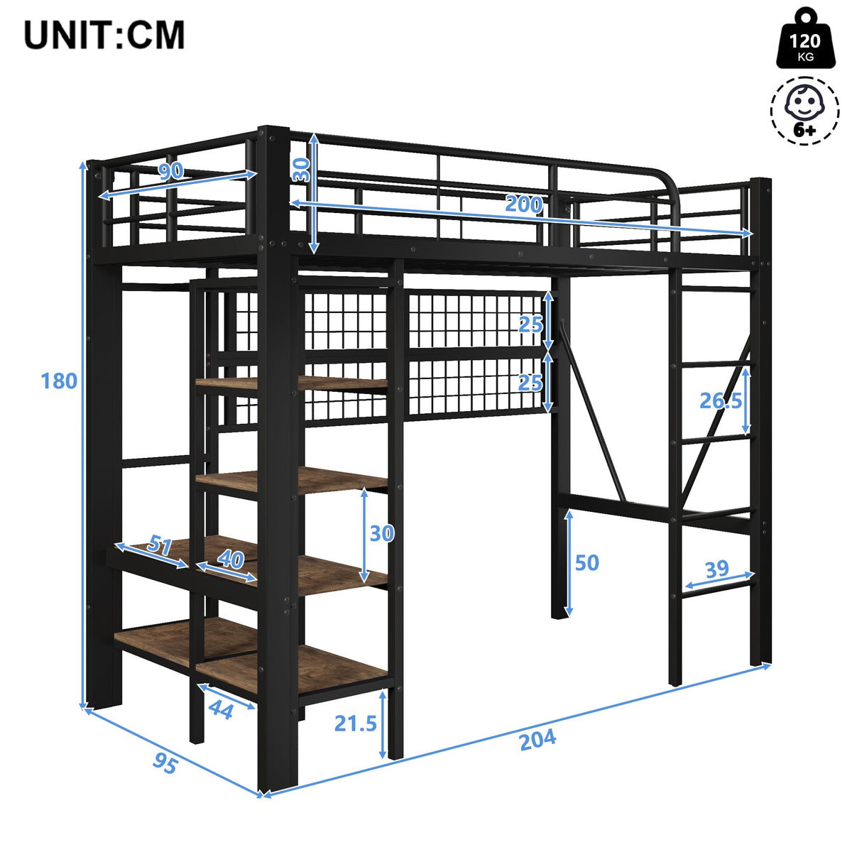 Loft Bed with Storage Shelves, Clothes Rail and LED Light Strip, Black Metal