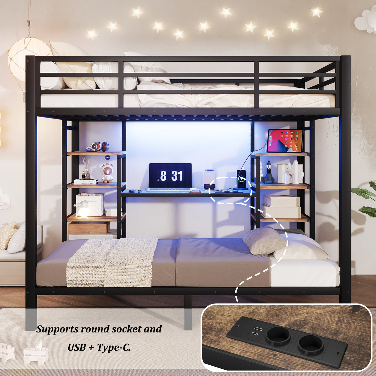 Bunk Bed 90/140x200 cm with Storage, USB & LED, Black Metal