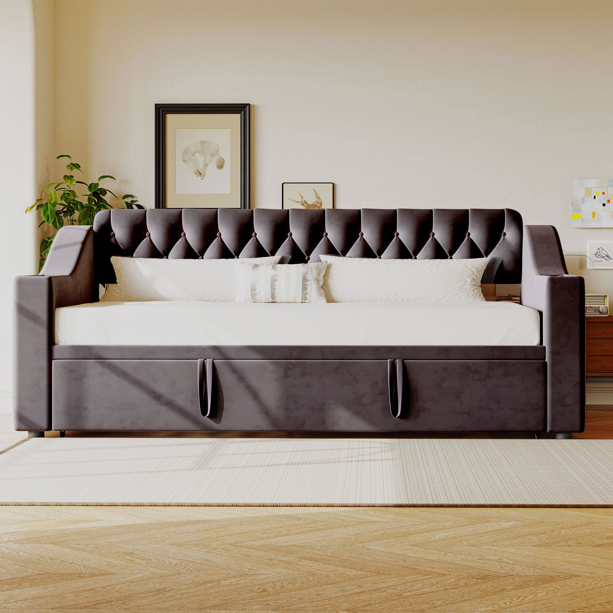 Upholstered Sofa Bed with USB & Storage, Dark Grey Velvet